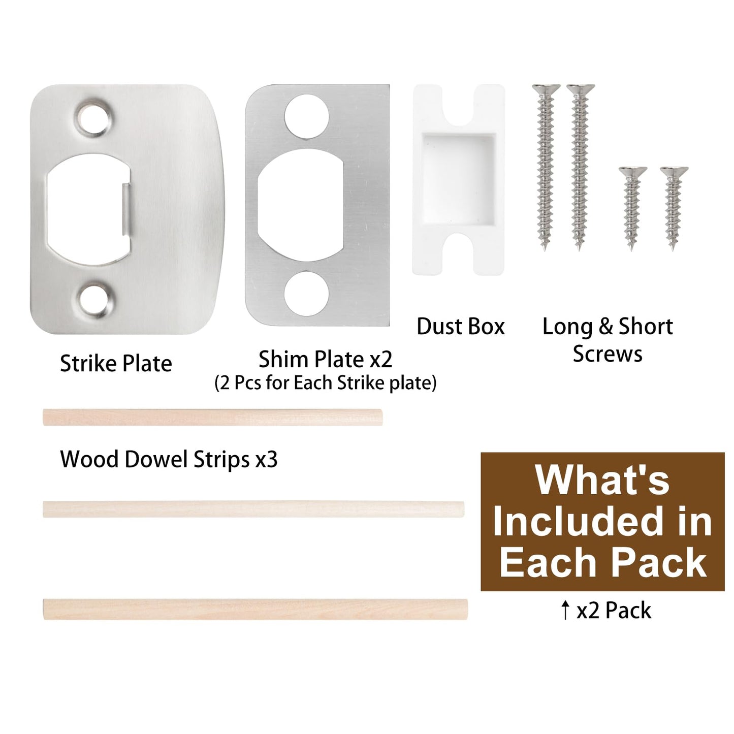 MOSECYOU Standard Door Restorer Strike Plates with Shims, Repair Kits to Fix Door won’t Latch in, Universal Latch Striker Catcher Replacement (2pack, Satin Nickel)