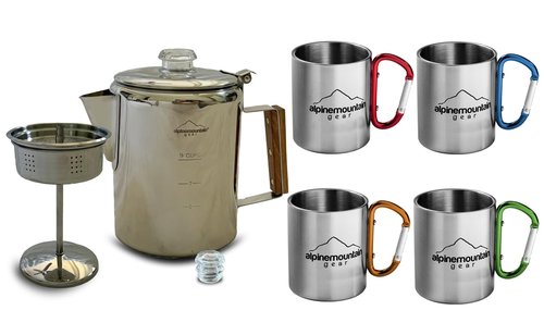 Alpine Mountain Gear 9-Cup Coffee Percolator Set with 4 Mugs (9 oz.) – Stainless Steel Camping Coffee Pot, Stovetop Percolator Coffee Maker for Home & Outdoor Use