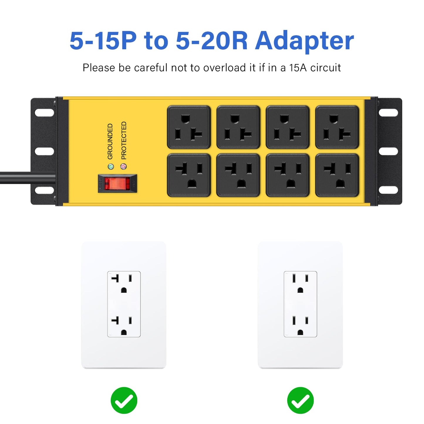 CCCEI Yellow Heavy Duty Power Strip Surge Protector 20 AMP, 8 Outlets 12 Gauge Industrial Shop Garage Metal Multiple Outlets, 25 FT Extension Cord 5-15P Adapter High Amp 6-20R T-Slot 20a for Appliance