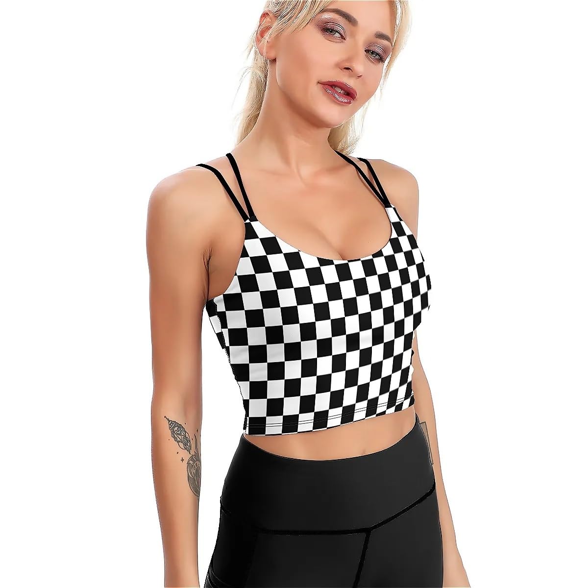 Black White Race Checkered Flag High Impact Sports Bras for Women Longline Padded Workout Running Crop Tops Support Yoga Tank Tops M