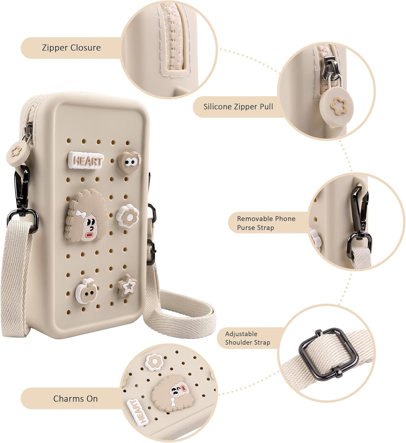 Skiennix Silicone Crossbody Bag - DIY Charm Compatible, Waterproof & Lightweight Phone Purse | Beige