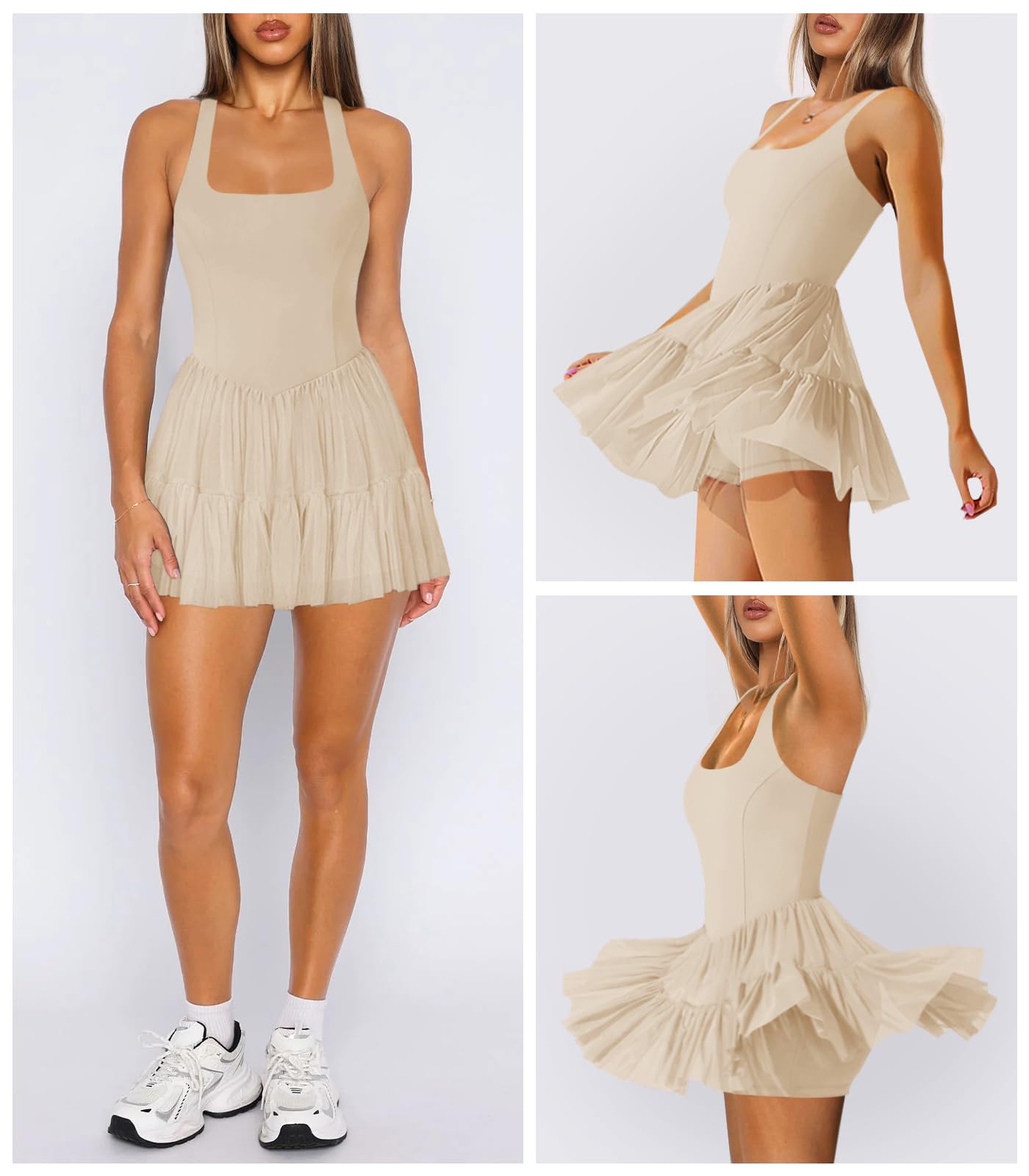 Hragc Women's Tennis Flowy Pleated Ruffle Athletic Dress for Women Halter Neck Sleeveless Mini Golf Dress with Shorts Pocket