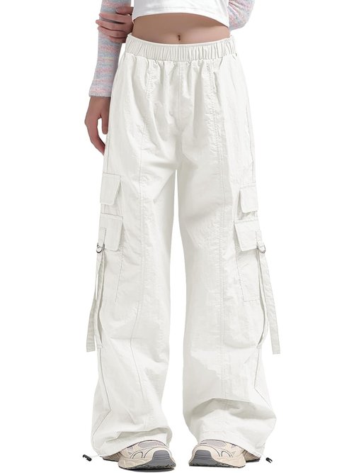 Haloumoning Girls Parachute Pants Kids Wide Leg Cargo Pants Y2K Street Trousers with Pockets 5-14 Years White