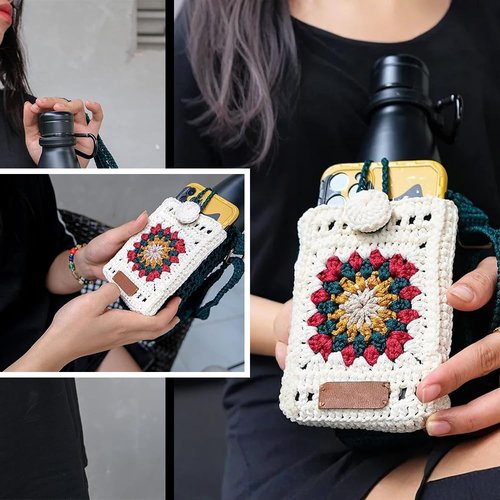 Macrame Water Bottle Holder – Adjustable Crossbody Carrier with Phone Pocket – Handmade Boho Water Bottle Bag for Walking, Hiking, Camping, Travel – Eco-Friendly Cotton with Long Strap