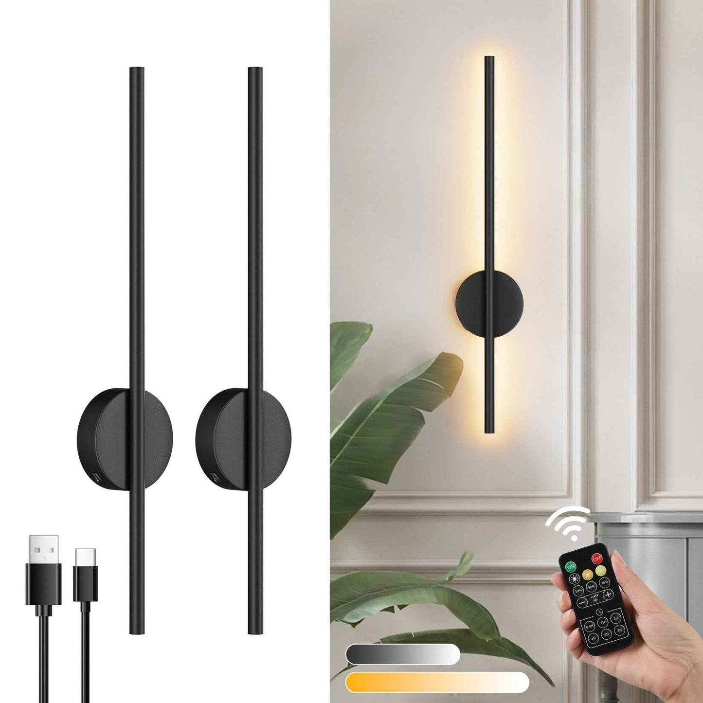 Black Battery Operated Wall Sconces 2 Packs with Remote Control, Dimmable Rechargeable Wall Sconces, 360°Rotate, LED Wireless Stepless Dimming Wall Lights for Living Room, Hallway, Bedroom 23.6 Inch