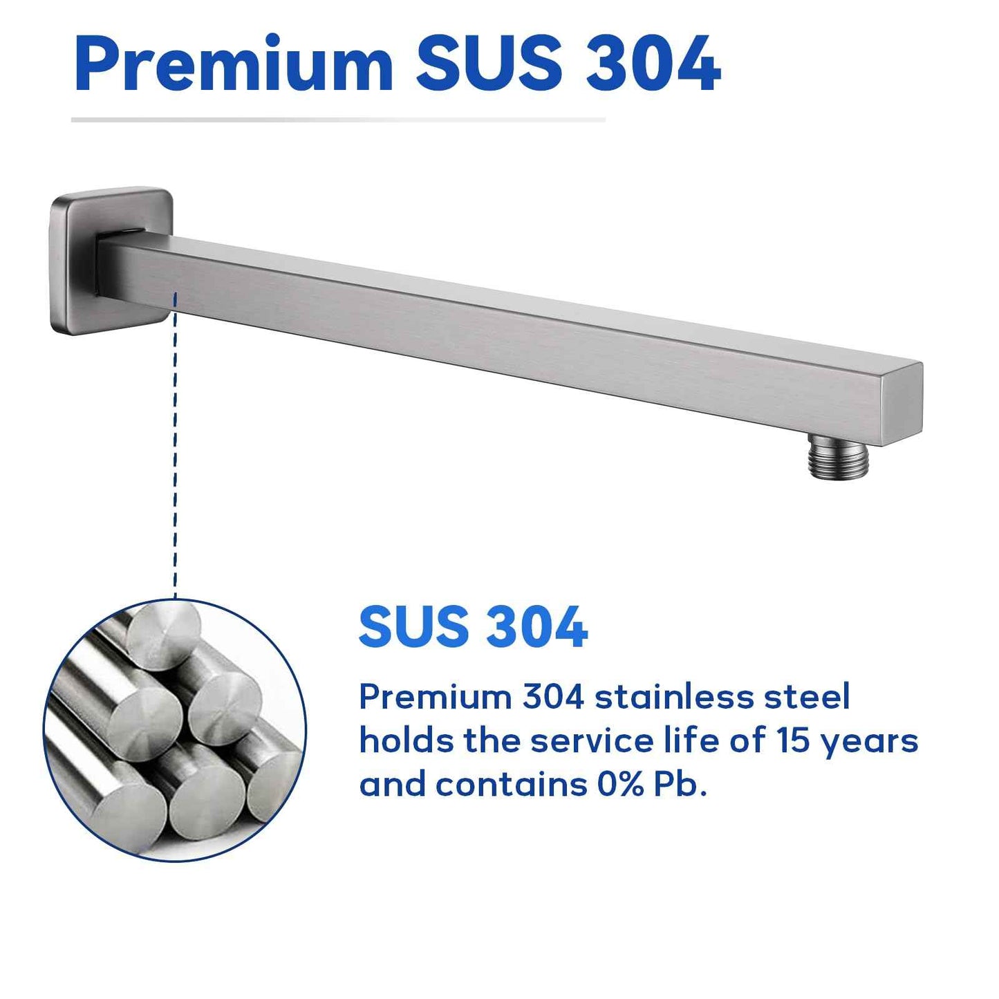 16 Inch Rain Shower Head Extension Arm with Flange, Brushed Nickel, Made of SUS 304 Stainless Steel, Square Shower Arm Wall Mounted, Rainfall Shower Arm for Morden Bathroom