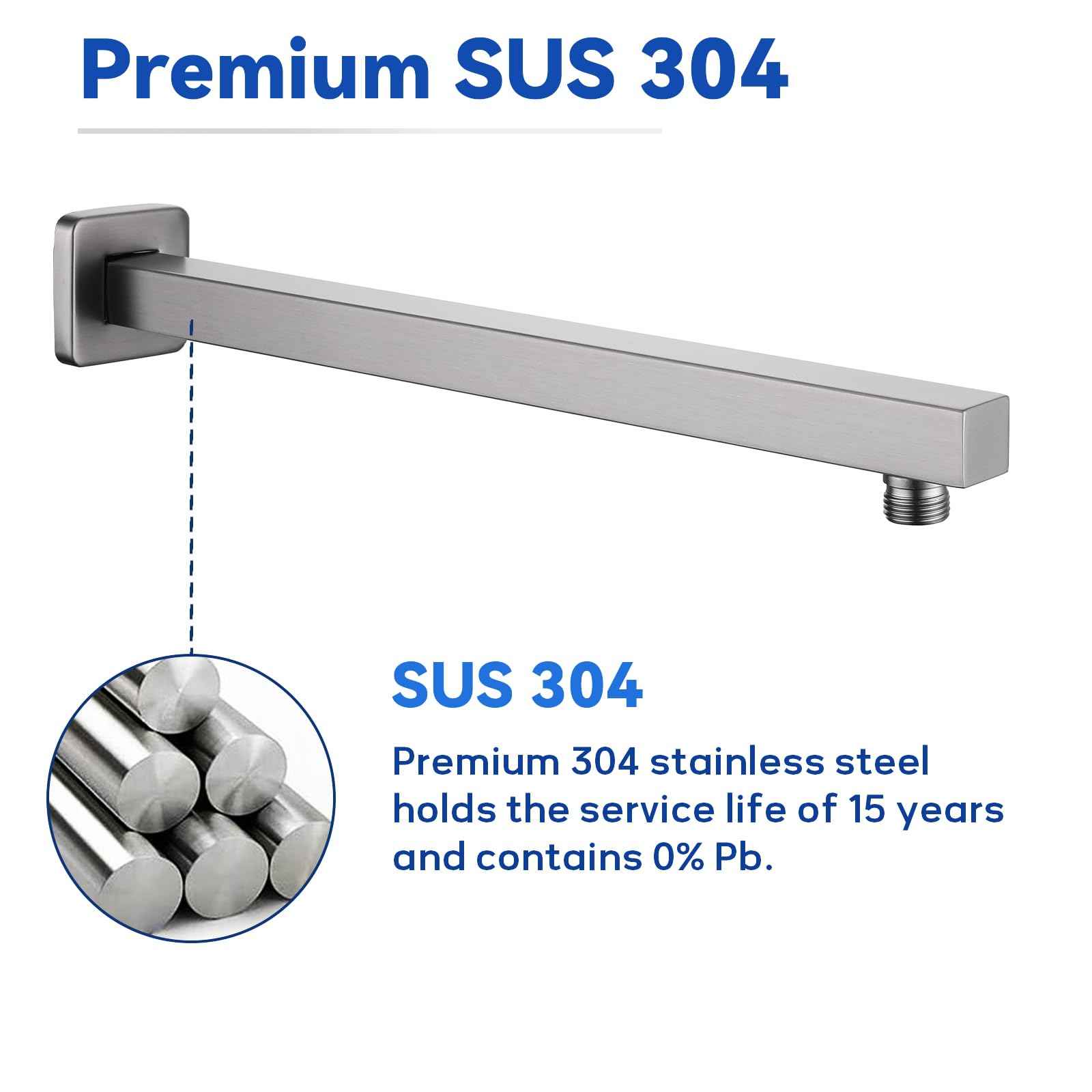 16 Inch Rain Shower Head Extension Arm with Flange, Brushed Nickel, Made of SUS 304 Stainless Steel, Square Shower Arm Wall Mounted, Rainfall Shower Arm for Morden Bathroom