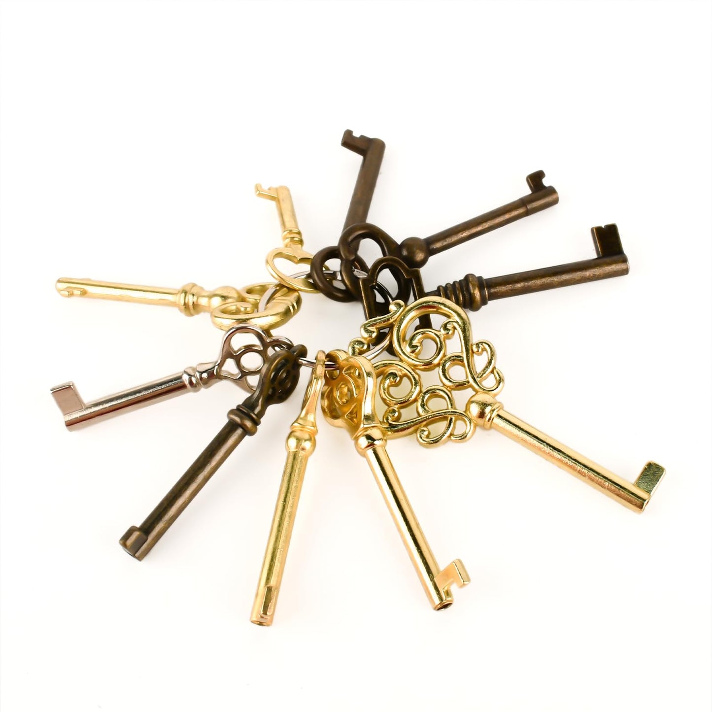 10PCS Skeleton Key Set Reproduction for Antique Furniture, Universal Barrel Key Replacement, Antique Brass Skeleton Keys for Dresser Drawers, Vintage Clocks,Cupboards, Desk Drawer Lock