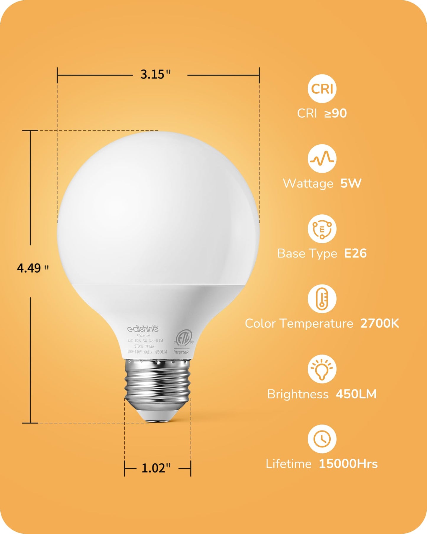 EDISHINE Vanity Light Bulbs, G25 LED Bathroom Light Bulbs, 25 Watt Equivalent Globe Light Bulb, CRI90+ 2700K Warm White 450LM, E26 Base, 4 Pack Non-dimmable, ETL Listed