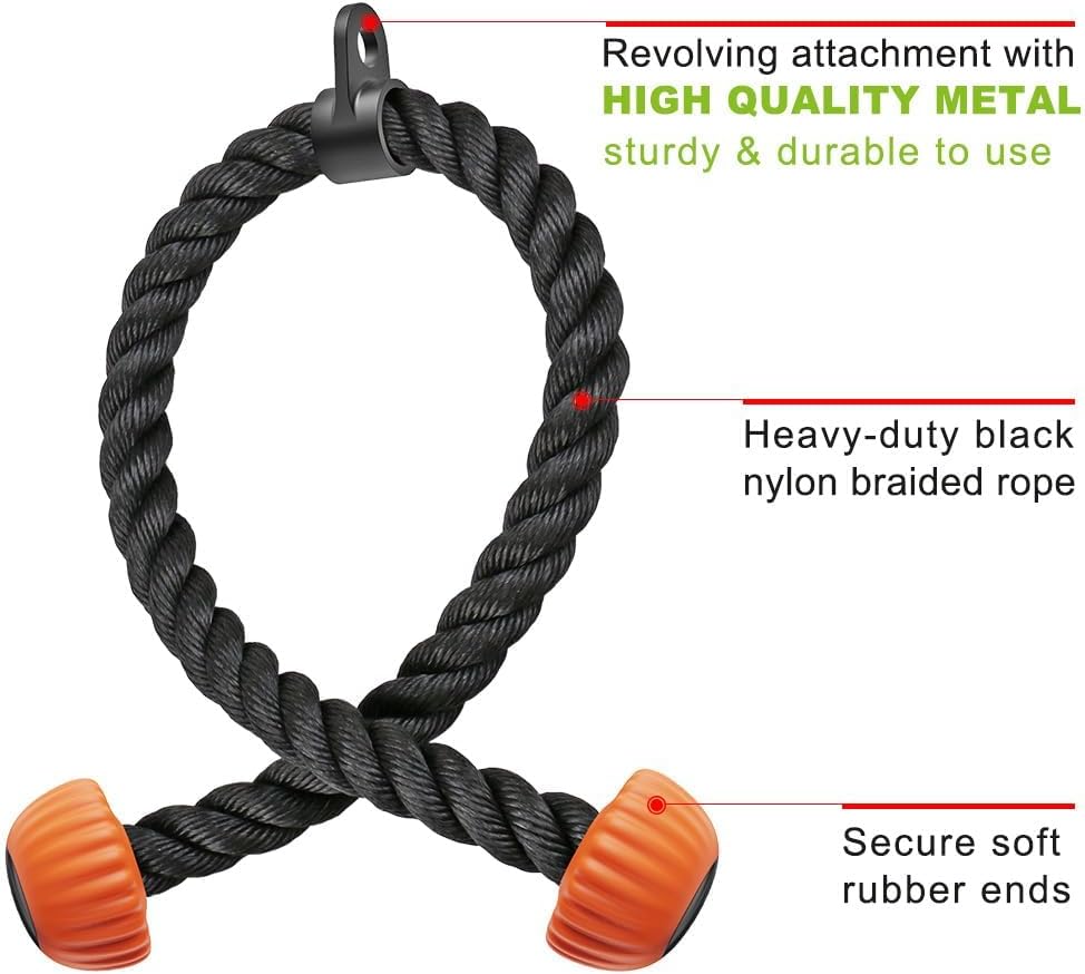 SELEWARE Triceps Rope - Non-Slip Rubber Ends for Home Gym | 28 & 36 Inch LAT Pulldown Attachment in Black & Orange