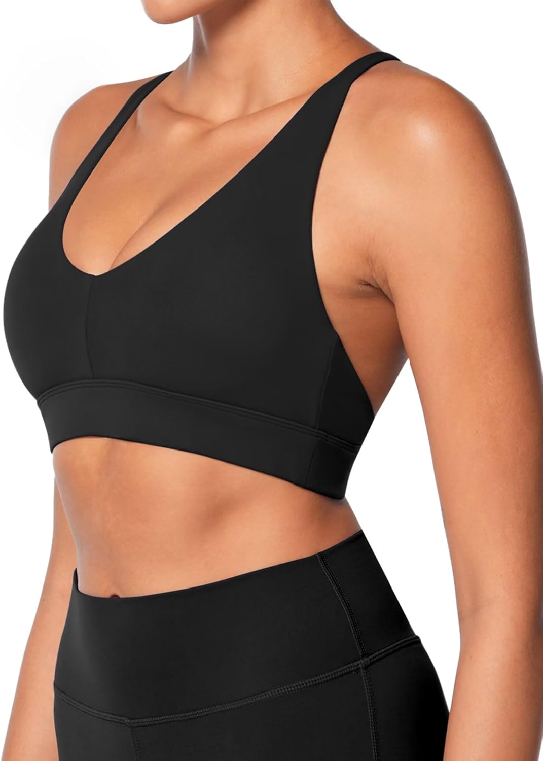Sunzel V Neck Strappy Sports Bra - Criss Cross Back Halter Design with Removable Cups | Padded Workout Top