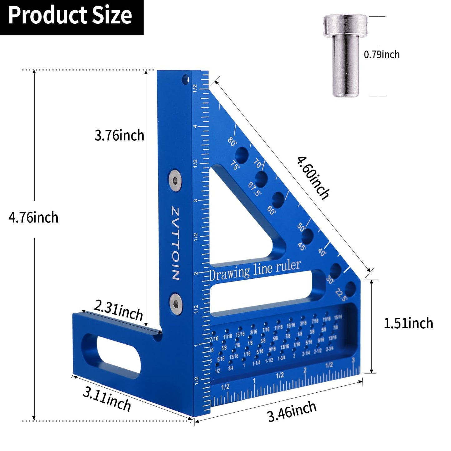 0-90 Degree 3D Multi-Angle Measuring Ruler for Woodworking and Construction, High Precision Aluminum Square Measuring Ruler Woodworking Tools (4.76 inch, Blue)