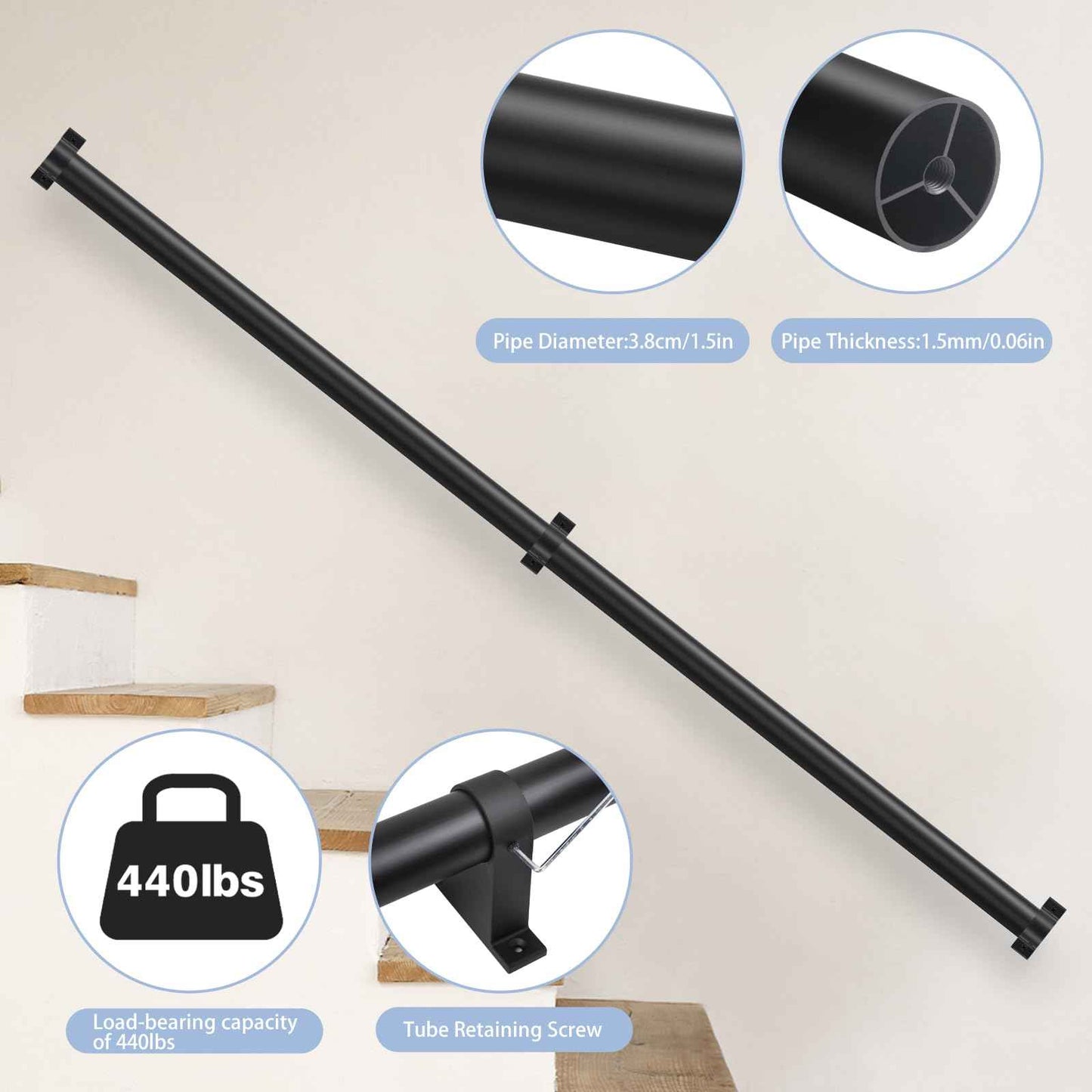 SDNBHT Industrial Stair Railing Metal Hand Rails for Indoor Stairs Wall Mount Staircase Handrails 1.5" Pipe Stair Handrail for Steps Black Aluminum Stairway Railing for Outdoor & Indoor Stairs 8ft