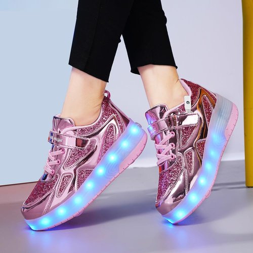 GIMKOUNN Roller Shoes Girls Sneakers USB Rechargeable 2 Wheels Shoes Roller Skates for Beginner Trainers Shoe 16 Modes LED Light Up Sneaker for Kids Boys Stylish Footwear Size 6.5