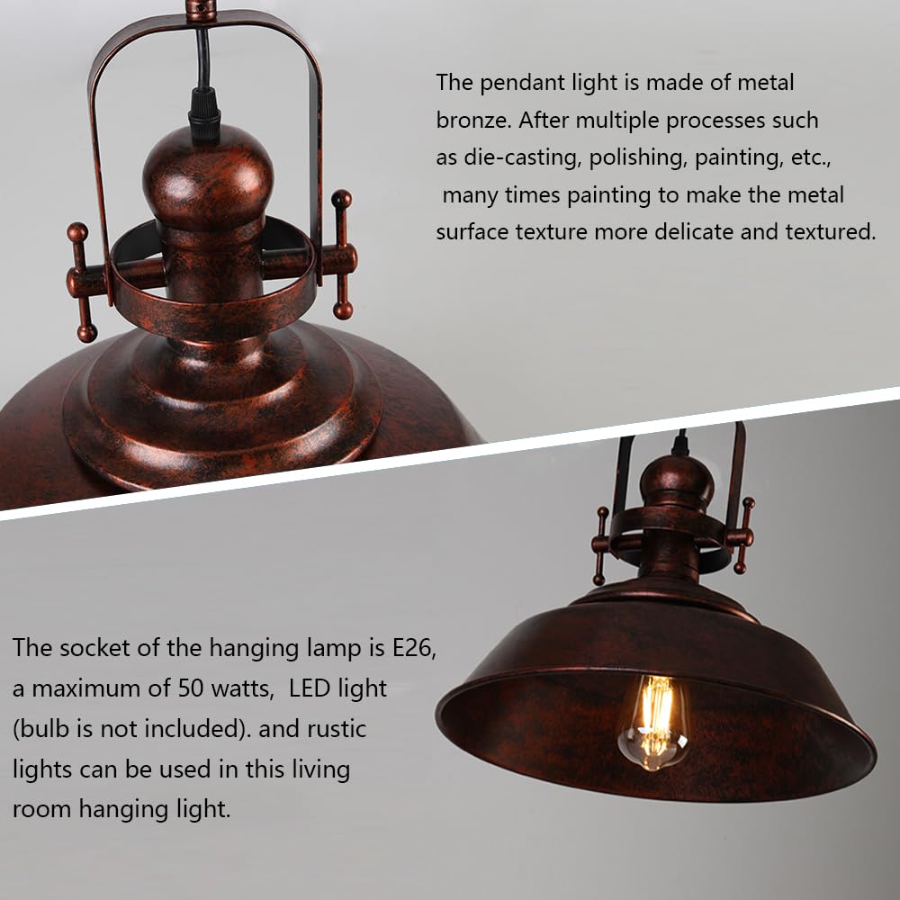 Sedelan Copper Pendant Light, Barn Pendant Lights Kitchen Island, Farmhouse Pendant Lighting, Industial Haning Lamp, Rustic Light Fixtures for Entryway Bedroom Hallway Adjustable Height，E26
