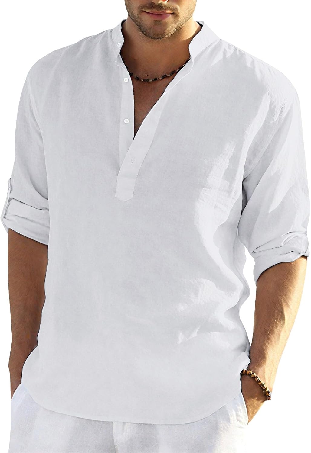 Skiennix Men's Cotton Henley Shirt - Half Sleeve Stand Collar Casual Tee | Solid Color, Loose Fit