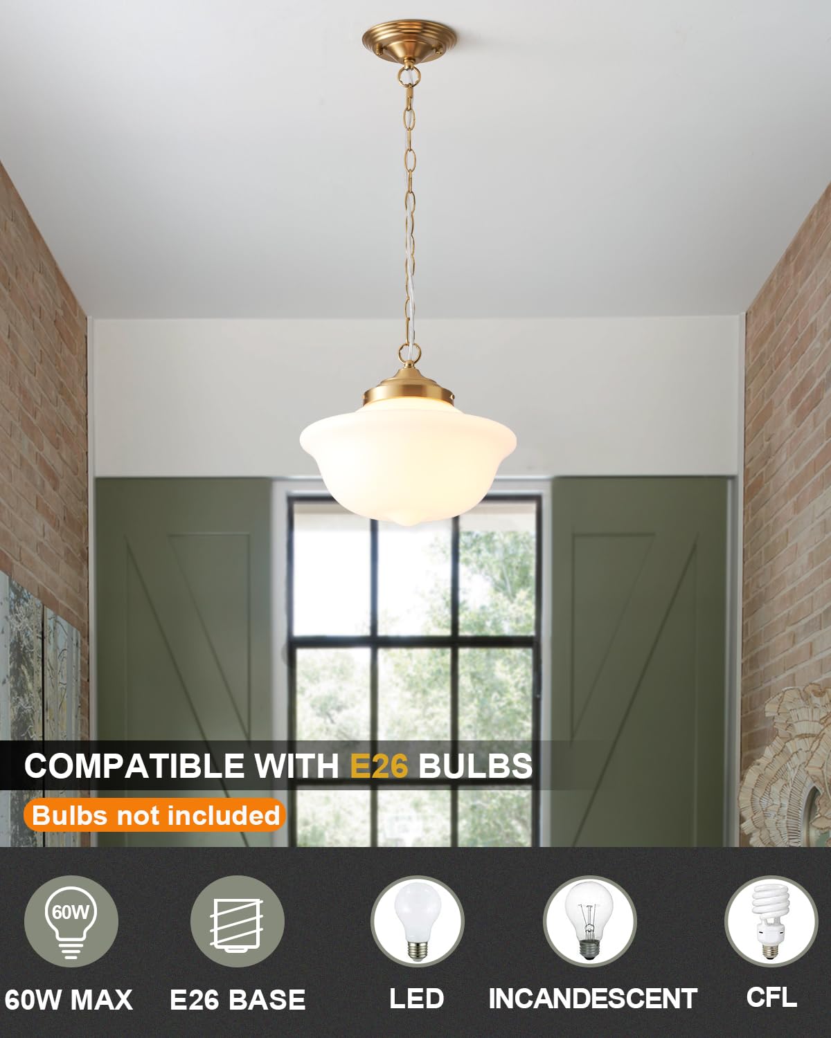 BinoBro Schoolhouse Light Fixture, 12 Inch Black Finish with Milk Glass Semi Flush Mount Ceiling Light, Ceiling Light Fixture for Kitchen Hallway Entryway (Type C Pendant Light)