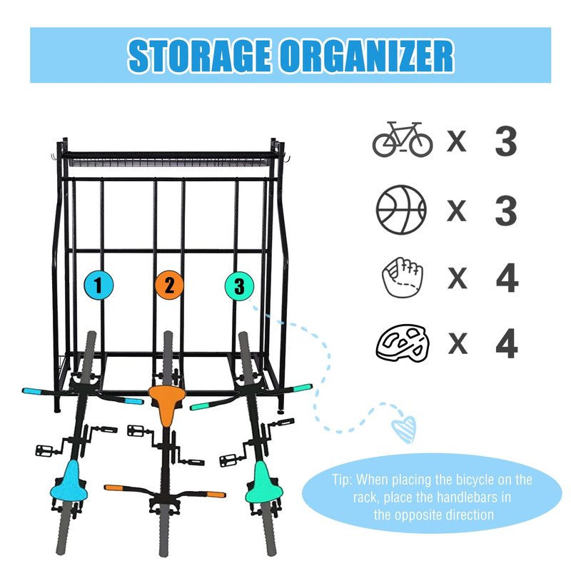 Mythinglogic Garage Bike Storage Rack, Freestanding Organizer for Adult or Kids Bike, 3 Bicycle Holder for Indoor and Outdoor Use