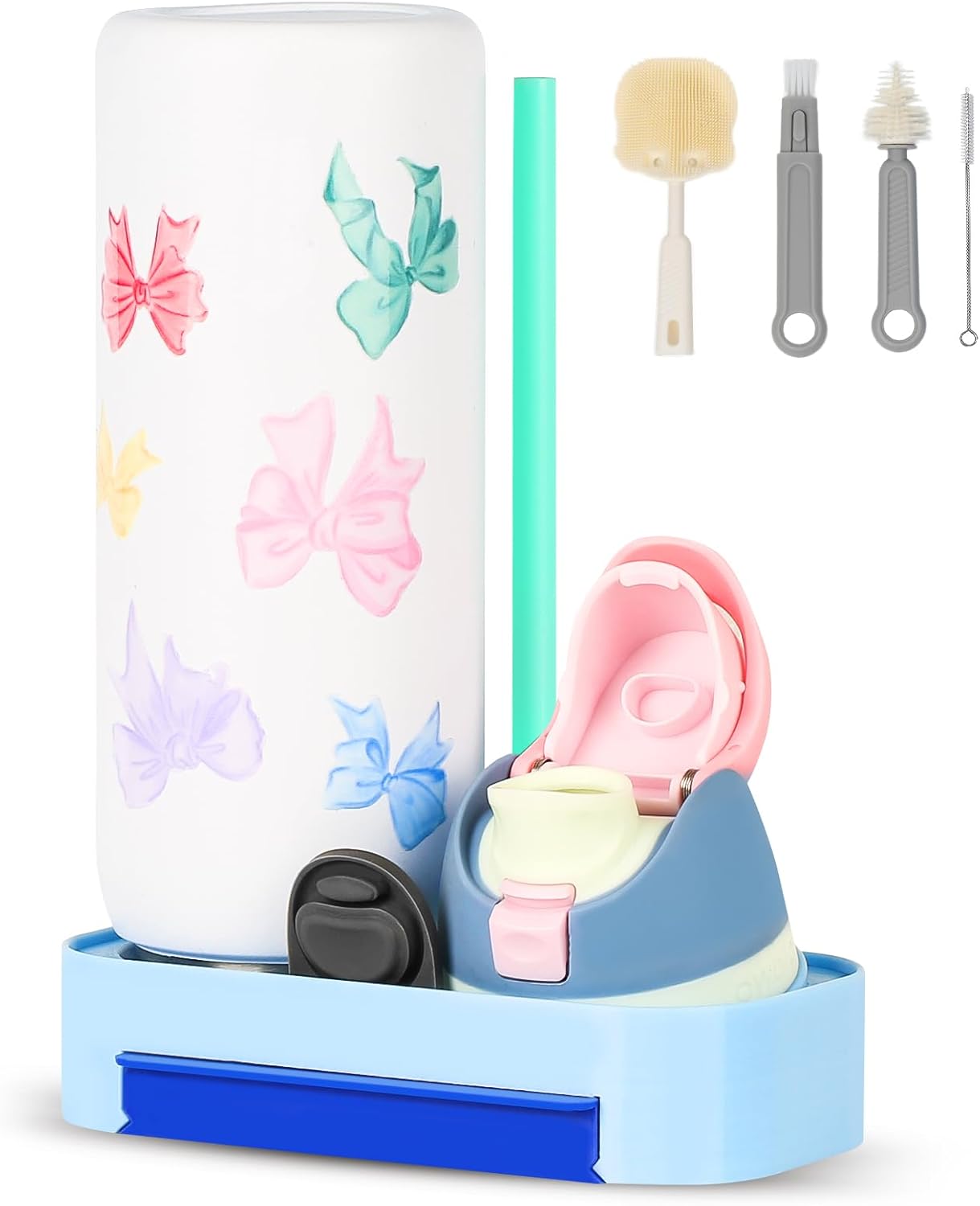 Owala Bottle Drying Rack - Portable Space-Saving Stand with Drain Tray & 4 Cleaning Brushes | Blue