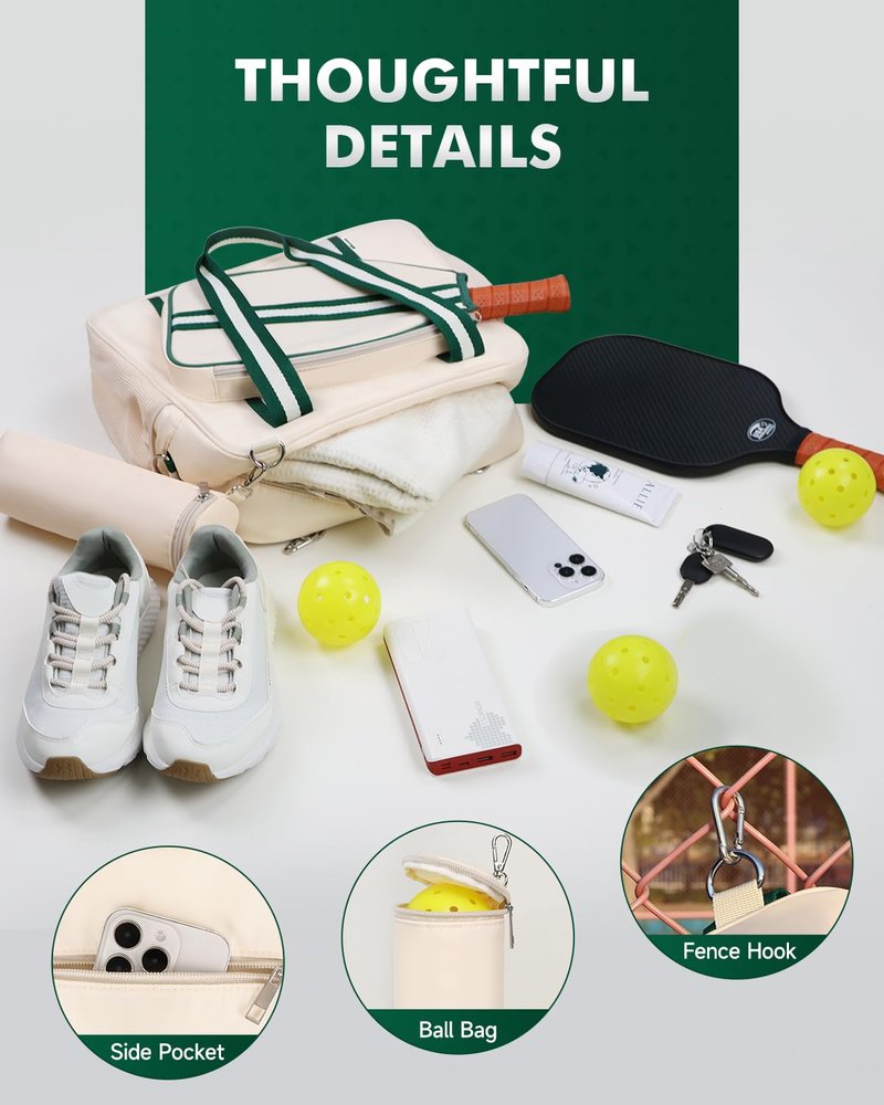 Movker Pickleball Bag for Women 2-in-1 Tote & Crossbody with Fence Hook Holds 2 Paddles & Detachable Ball Bag Court to Street(Beige)