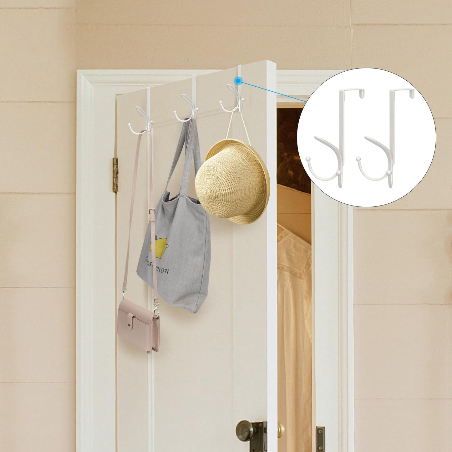 FYY Over The Door Hooks - 2 Pack Door Hangers with Sponge Pad Prevent Scratches Heavy Duty Organizer Hooks for Hanging Clothes, Robe, Towels, Hats, Bags White, Fit 1.2-1.47 inch Door