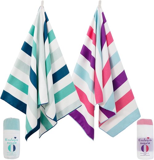 Exclusivo Mezcla Oversized Microfiber Quick-Dry Beach Towels - Lightweight & Sand-Free | Green & Purple, 35x70 Inches