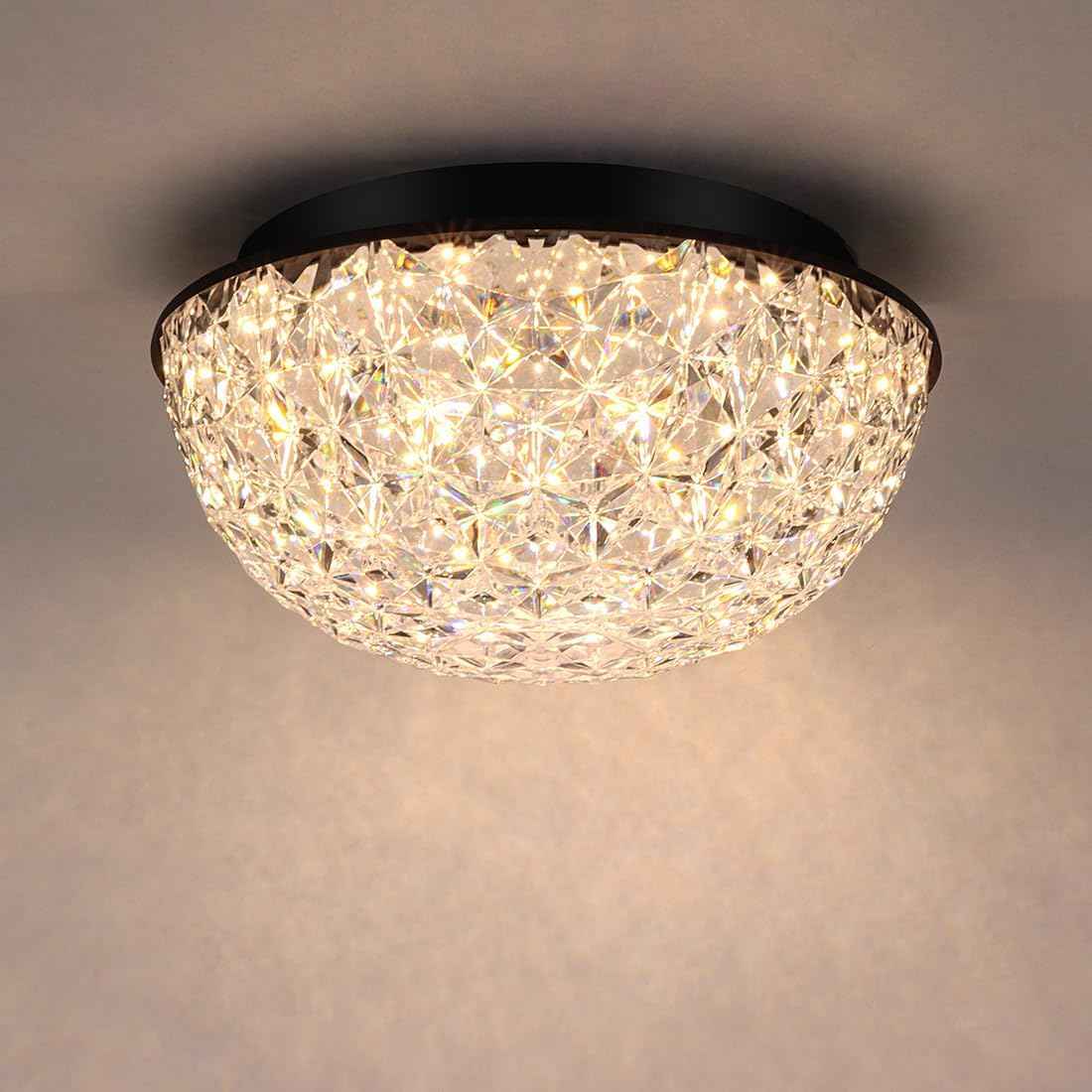 12" Dimmable Modern Crystal Chandelier - LED Flush Mount Ceiling Light for Dining Room, Entryway, Kitchen & More - ETL Listed Black