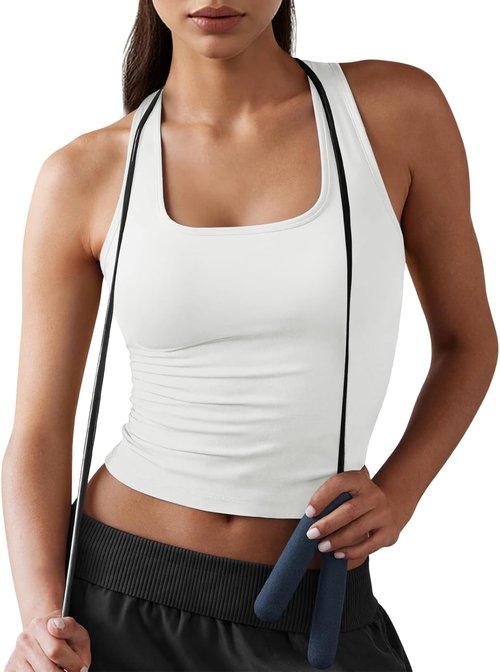 Fisoew Women's Square Neck Sleeveless Tank Top - Built-In Bra & Racerback Design | Y2K Fitted Workout Crop Top