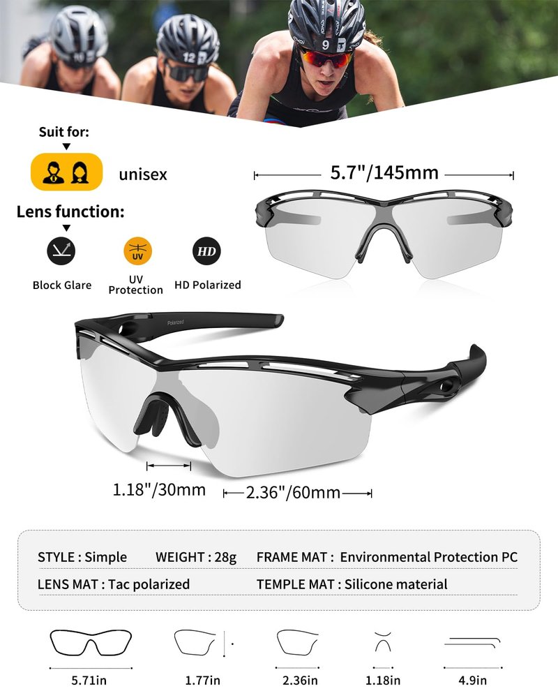 Rosemal Sports Sunglasses Polarized Cycling Sunglasses Running Driving Fishing Hiking for Men Women UV400 Photochromic