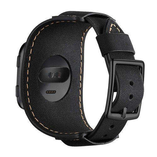 Sjiangqiao Compatible with Fitbit Sense/Versa 3 Bands Genuine Leather Cuff Band Replacement Strap with Stainless Steel Clasp Compatible for Fitbit Versa 3 Sense Accessories Men Women (Black)