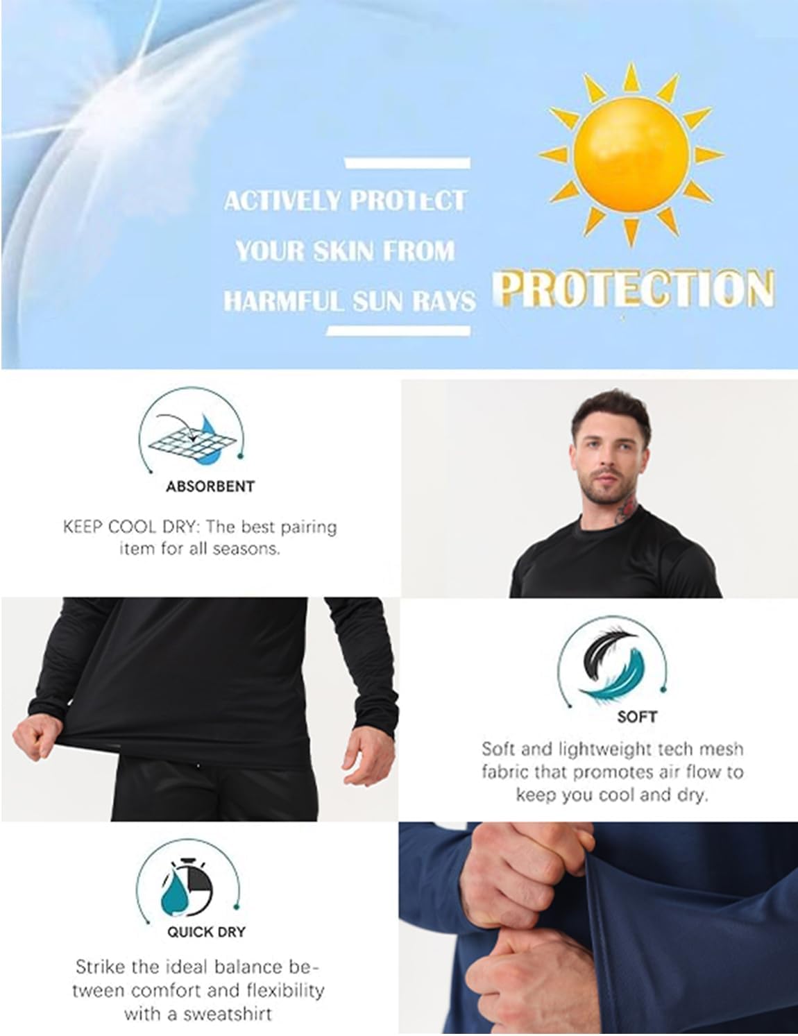 Skiennix 10-Pack Long Sleeve T-Shirts for Men - Quick Dry Workout Tees in Various Colors