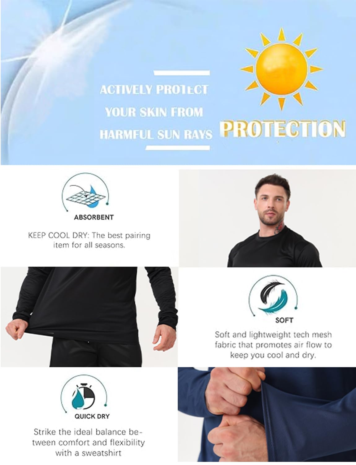 Tmoklfpcd 10 Pack Long Sleeve t Shirt for Men Mens Tee Shirts Workout T Shirt for Running Quick Dry T-Shirts (Black - 10-piece,Large)