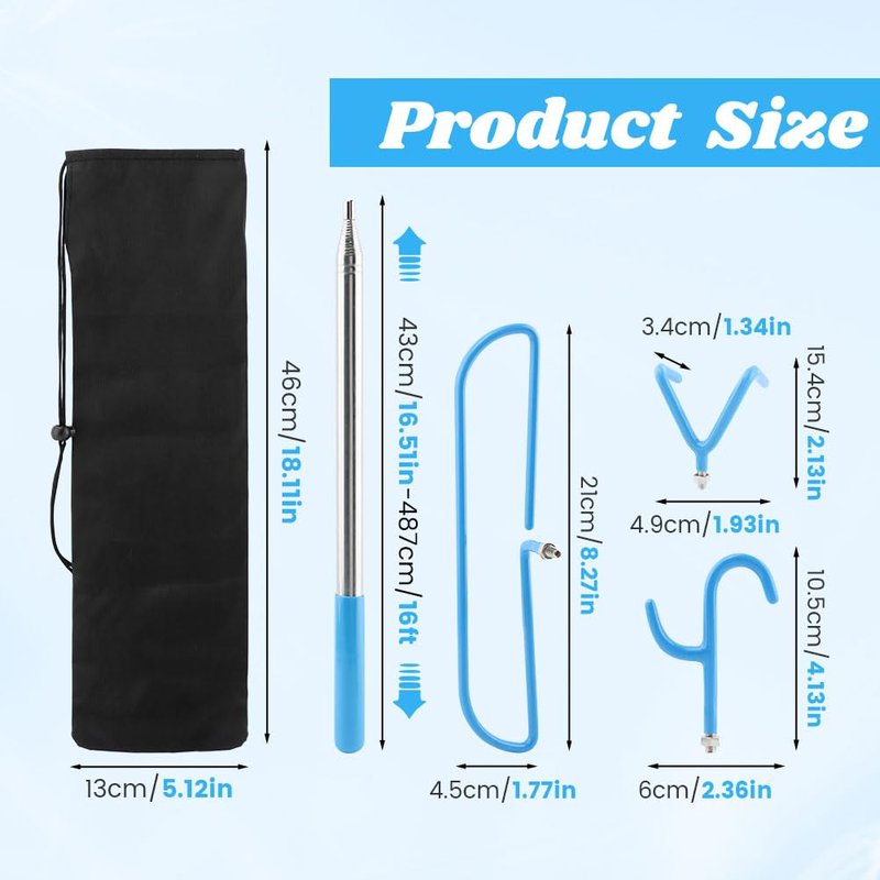 PURATEN Disc Golf Grabber Tool, Extendable Disc Golf Retriever Pole 16 ft with 3 Different Metal Hooks and Storage Bag for Retrieve Discs from the Trees/Bushes/Water(Color:Blue)