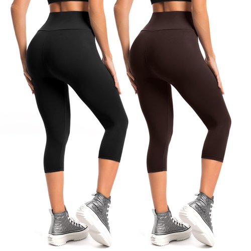 Leafigure 2-Pack Capri Leggings for Women, High Waisted Soft Yoga Pants for Gym Workout Black/Brown L-XL