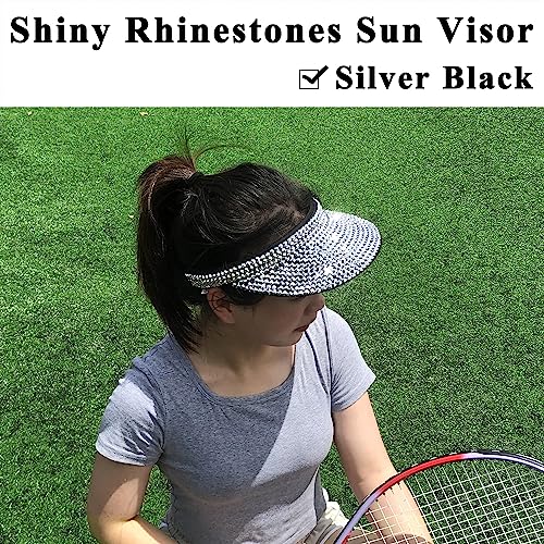 Kejea Women Men Sun Visor Hat Silver Black Adjustable Rhinestone Bling Sports Beach Cap 6 3/4-7 1/4