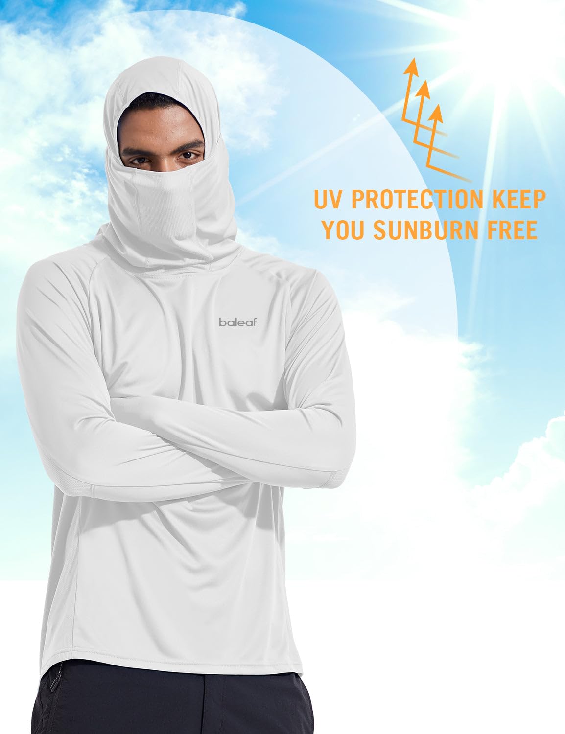 baleaf Men's Sun Protection Hoodie Shirt UPF 50+ Long Sleeve UV SPF T-Shirts with Mask Rash Guard Fishing Lightweight White Size L
