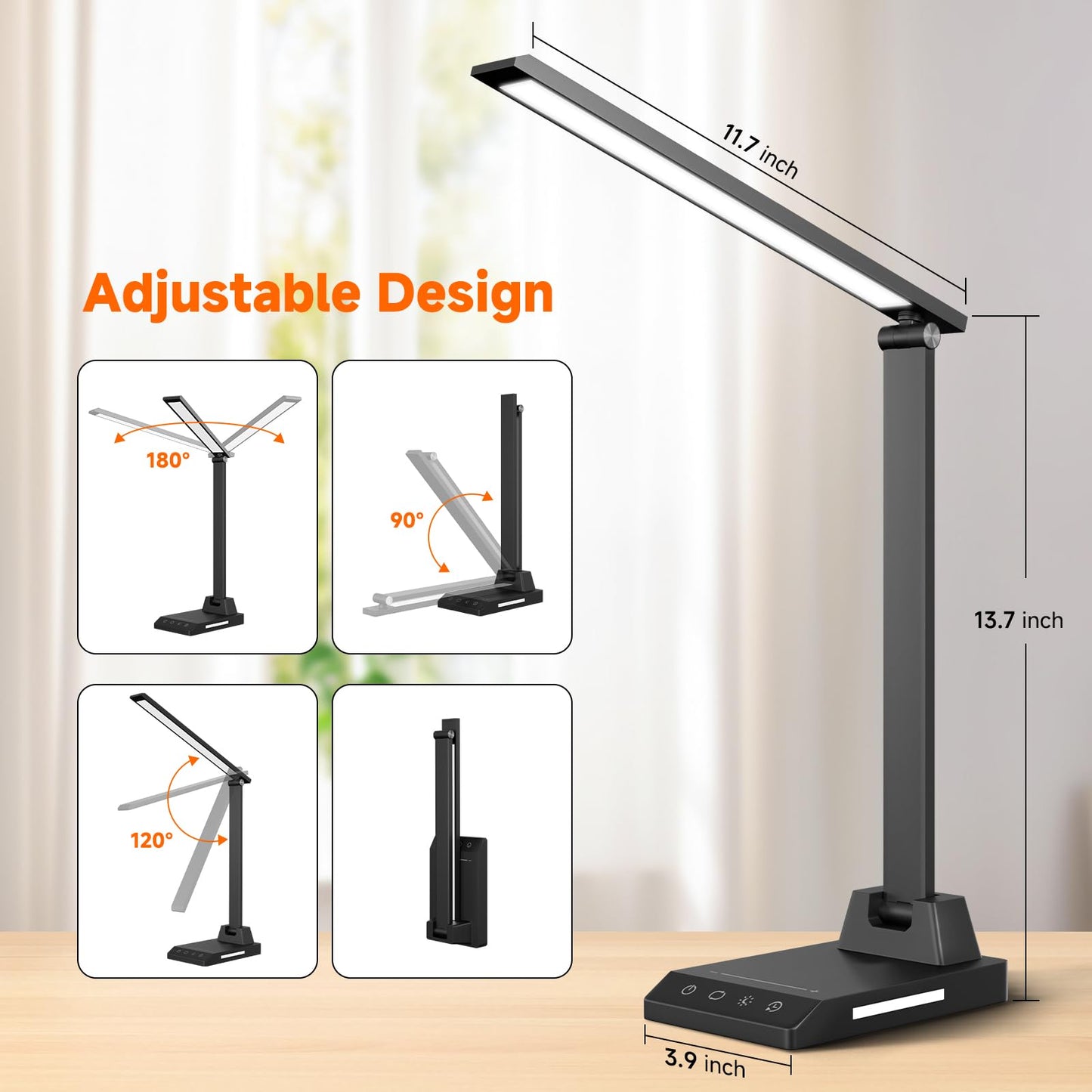 ShineTech LED Desk Lamp for Home Office, Dimmable Desk Light with USB C Charging, 25 Modes Brightness and Colors, Eye Caring Foldable Reading Light, Table Lamp for Study Nightstand