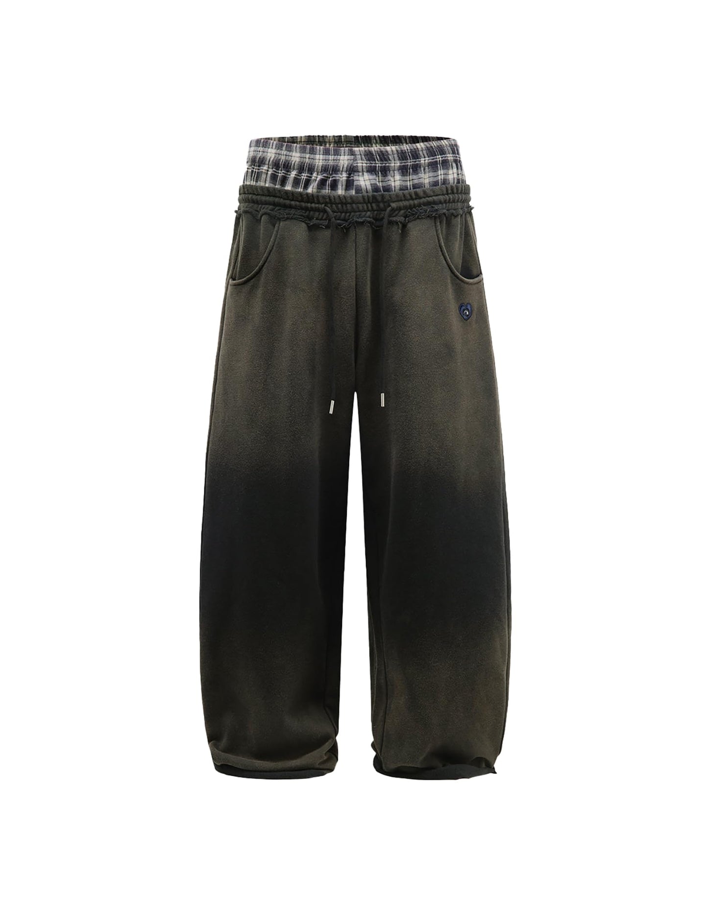 Aelfric Eden Double Waist Washed Baggy Sweatpants Loose Wide Leg Plaid Patchwork Casual Pants with Pockets Dark Grey Large