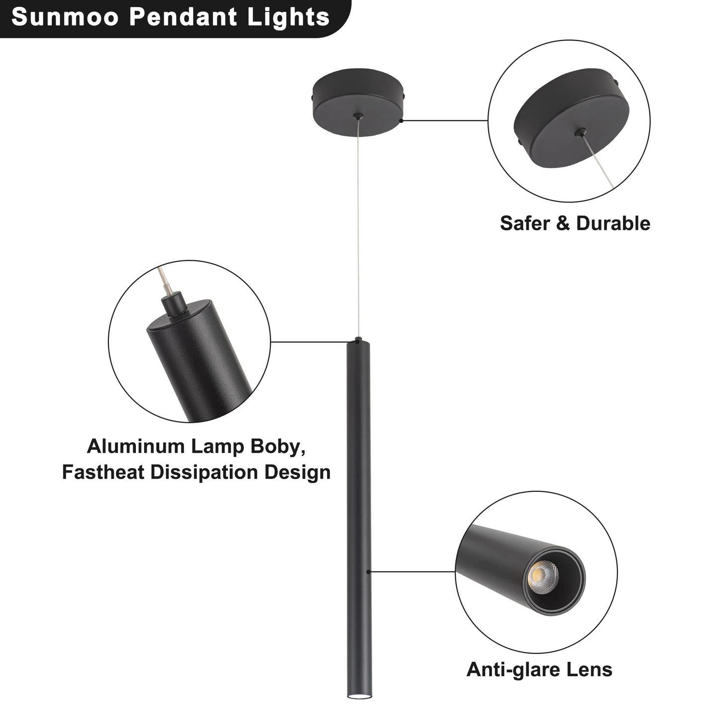 SUNMOO 3 Light Mini Pendant Lighting Modern Pendant Light, LED Modern Pendant Light Fixtures Mini Ceiling Hanging Lights for Kitchen Island Dining Room Bar Living Room 6000K 3-Pack Black