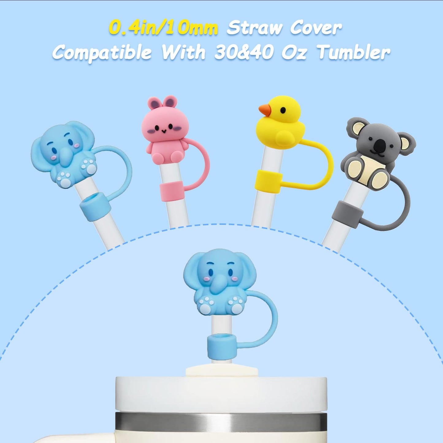 4 Pcs 0.4in Straw Cover for Stanley Cup, Silicone Straw Topper Set for 30&40oz Stanley Tumble, Fit for 10mm/0.4in Straws (Animal)