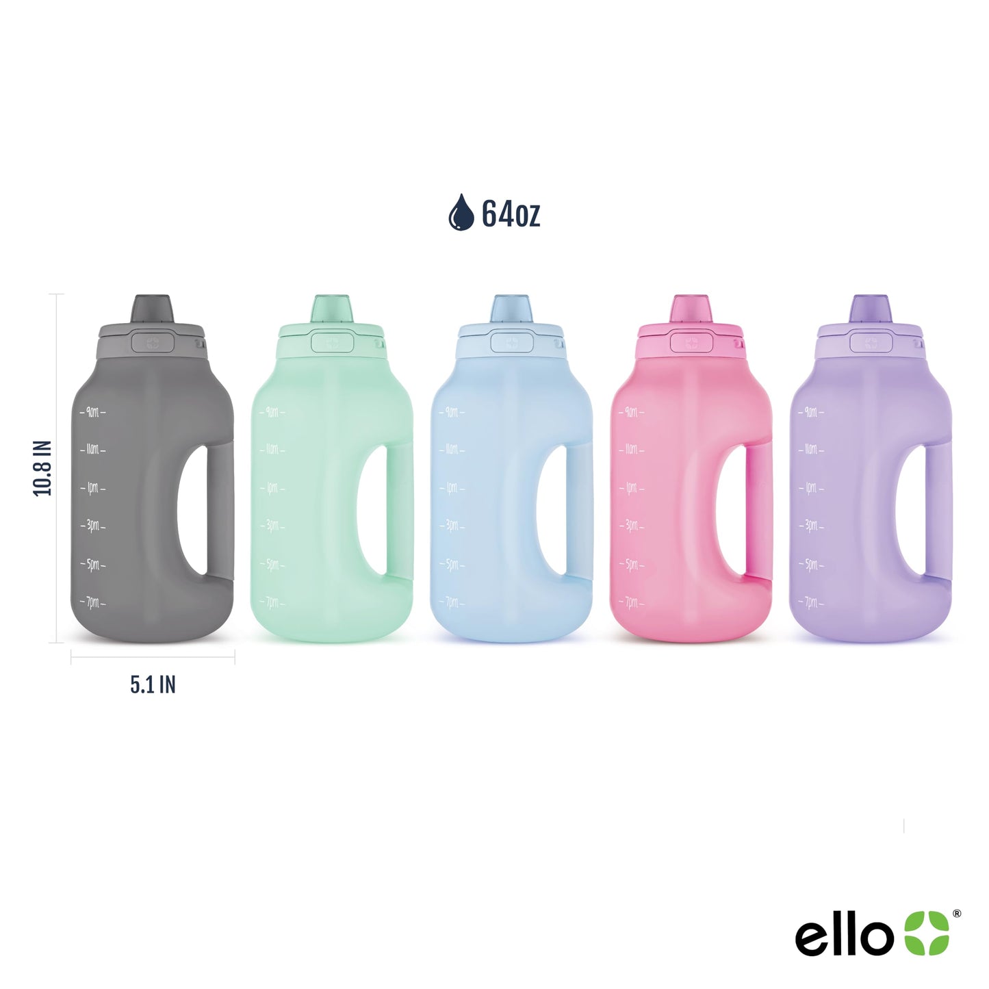 Ello Hydra 64oz BPA-Free Plastic Water Jug with Time Markers, Grey