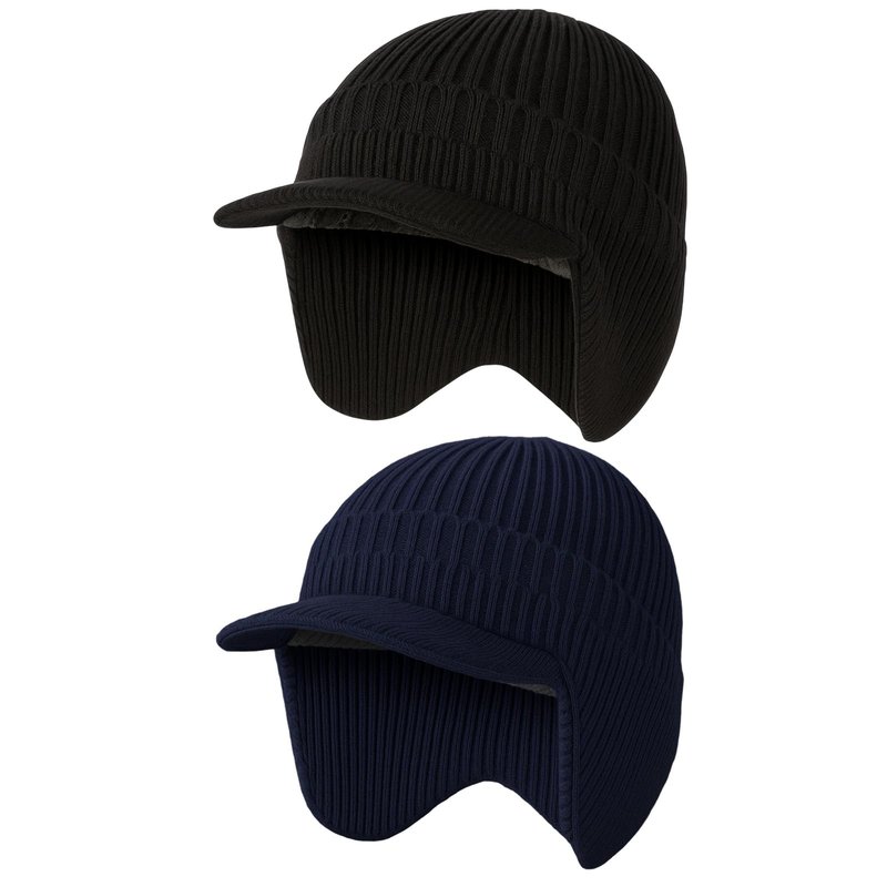Simlakey 2 Pcs Winter Hats with Brim and Ear Flap Fleece Winter Beanie Hat Outdoor Warm Lined Knit Hat for Men Women(Black, Navy Blue)