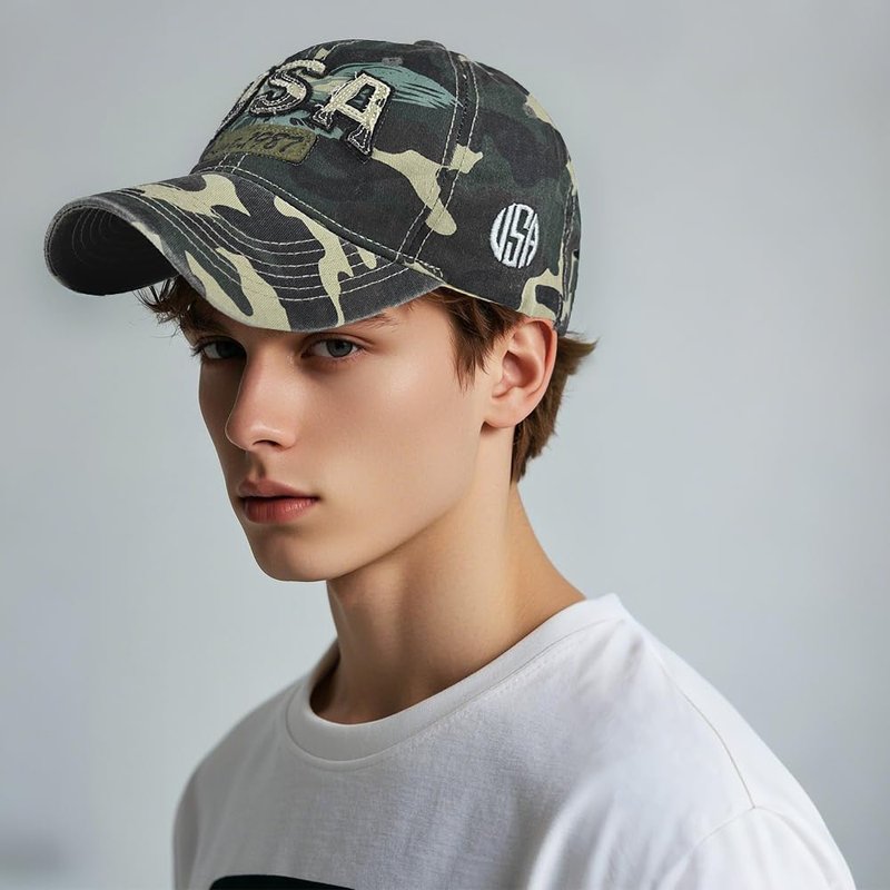 Ptduabenlu American Flag Baseball Cap for Men Women USA Embroidery Washed Adjustable Cotton Dad Hat Woodland Camo