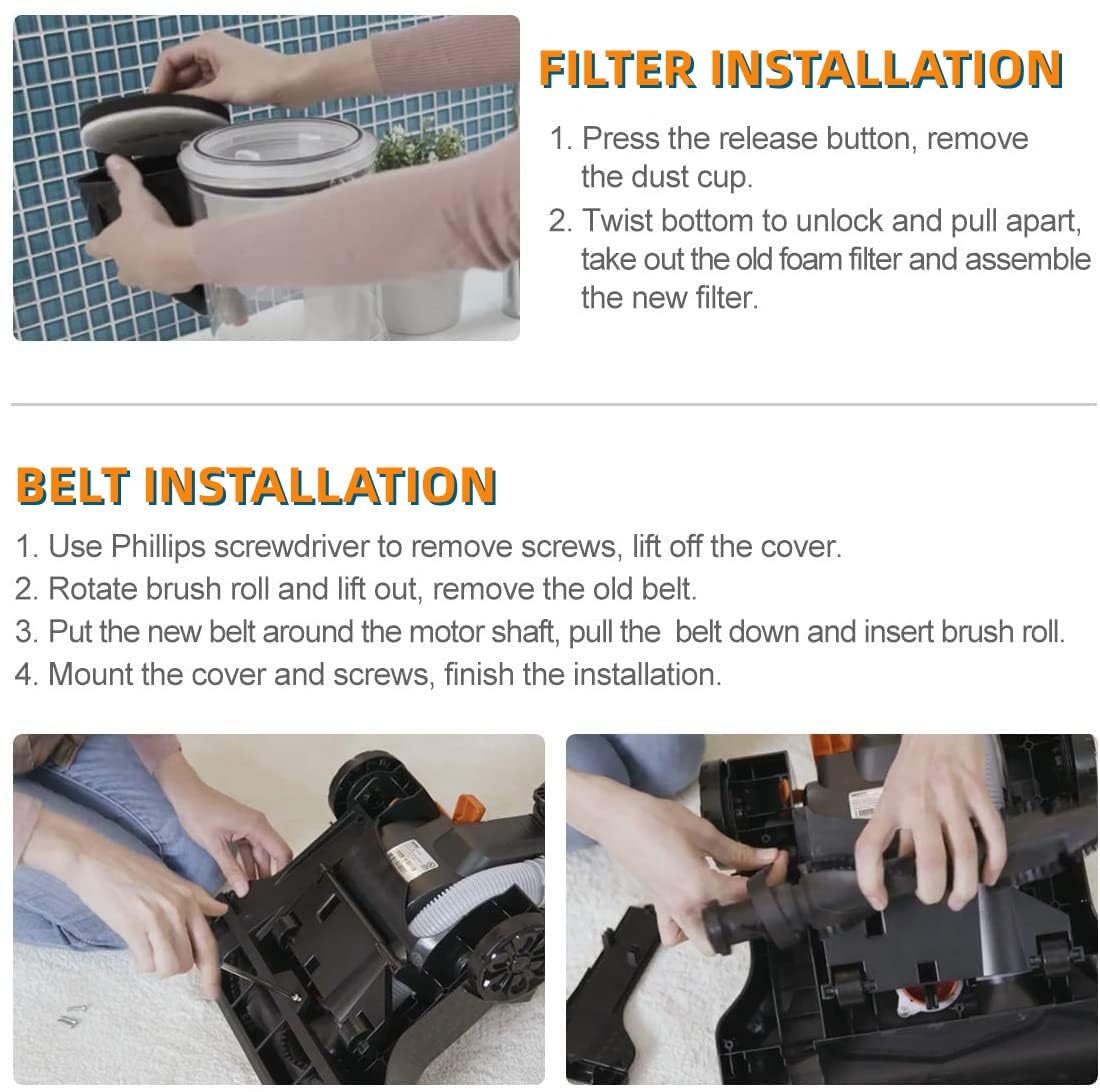 JEDELEOS Replacement Belts and Filter for Eureka NEU100 Airspeed Compact Bagless Upright Vacuum Models NEU100, NEU10AE4, NEU10AE5, NEU102 Series, Replace Parts E0106 and E0105