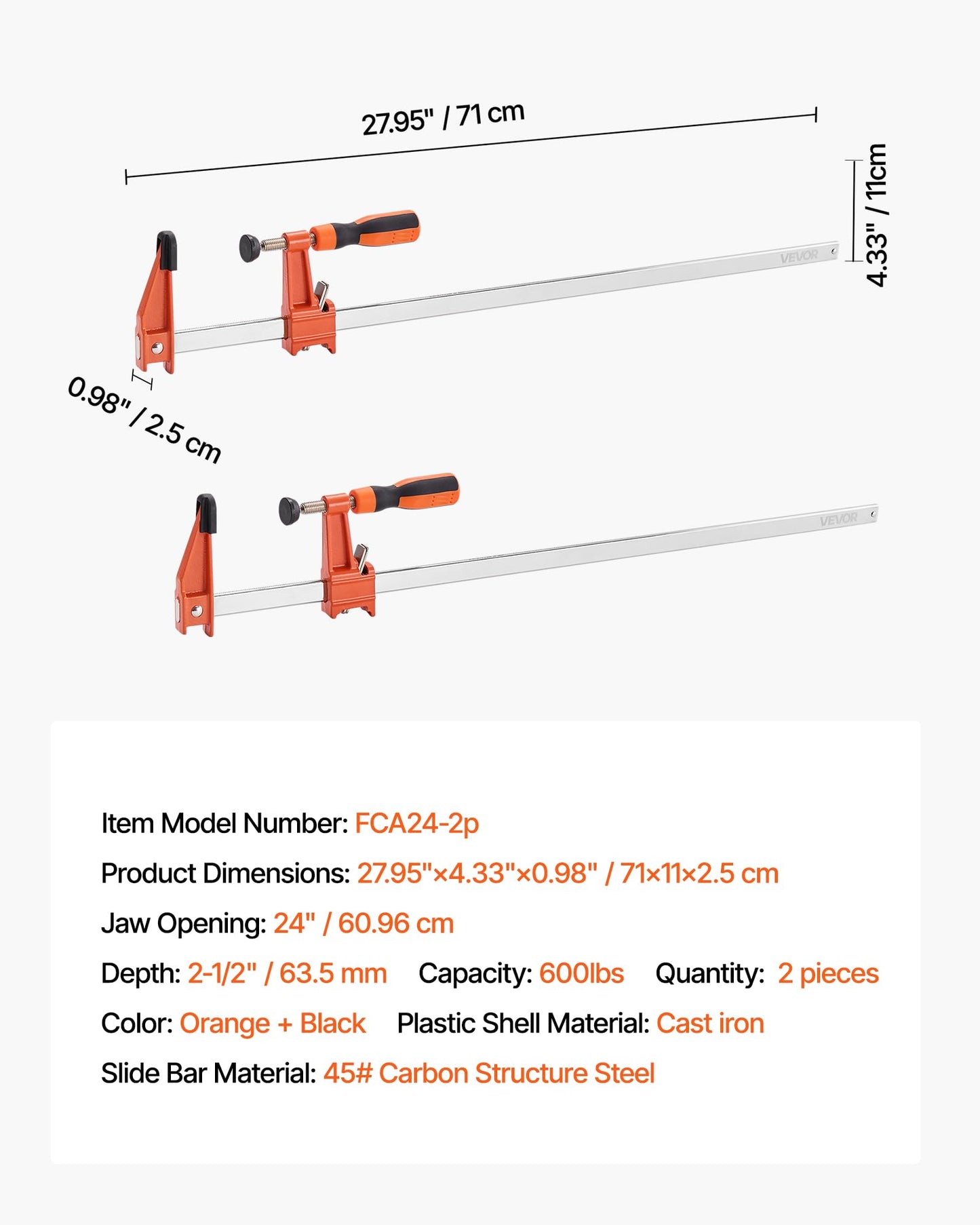 VEVOR Bar Clamps for Woodworking, 2-Pack 24 inch Opening, Lockable F-Clamp with 600 lbs Load Limit, 2-1/2 inch Depth, Cast Iron and Carbon Steel, Easy to Use, Wood Clamps for Woodworking Metal Working