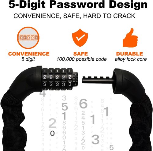 Heavy Duty Bike Lock Chain by [Brand Name] - 5-Digit Combination Anti-Theft Security Lock | 3.2 Feet Long, Black