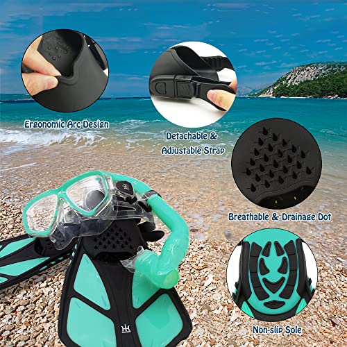 Kids Snorkeling Set with Mask, Snorkel & Adjustable Fins - Green Water