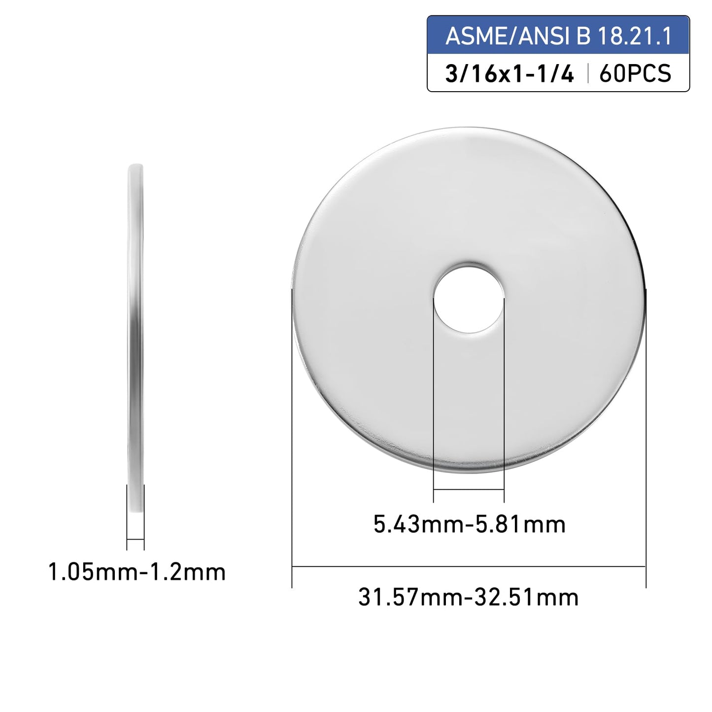 BNUOK 60PCS 3/16" x 1-1/4" Fender Washers, Thickened 304 Stainless Steel 18-8 Fender Washer,3/16" ID x 1-1/4" OD