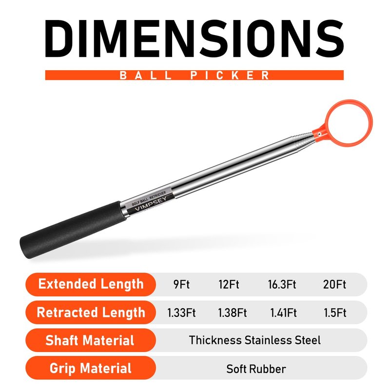 VIMPSEY 9Ft/12Ft/17Ft/20Ft Golf Ball Retriever for Water Telescopic, High Durability Double Sided Golf Ball Picker Upper, Men's and Women's Golf Accessories Gifts. (12Ft)