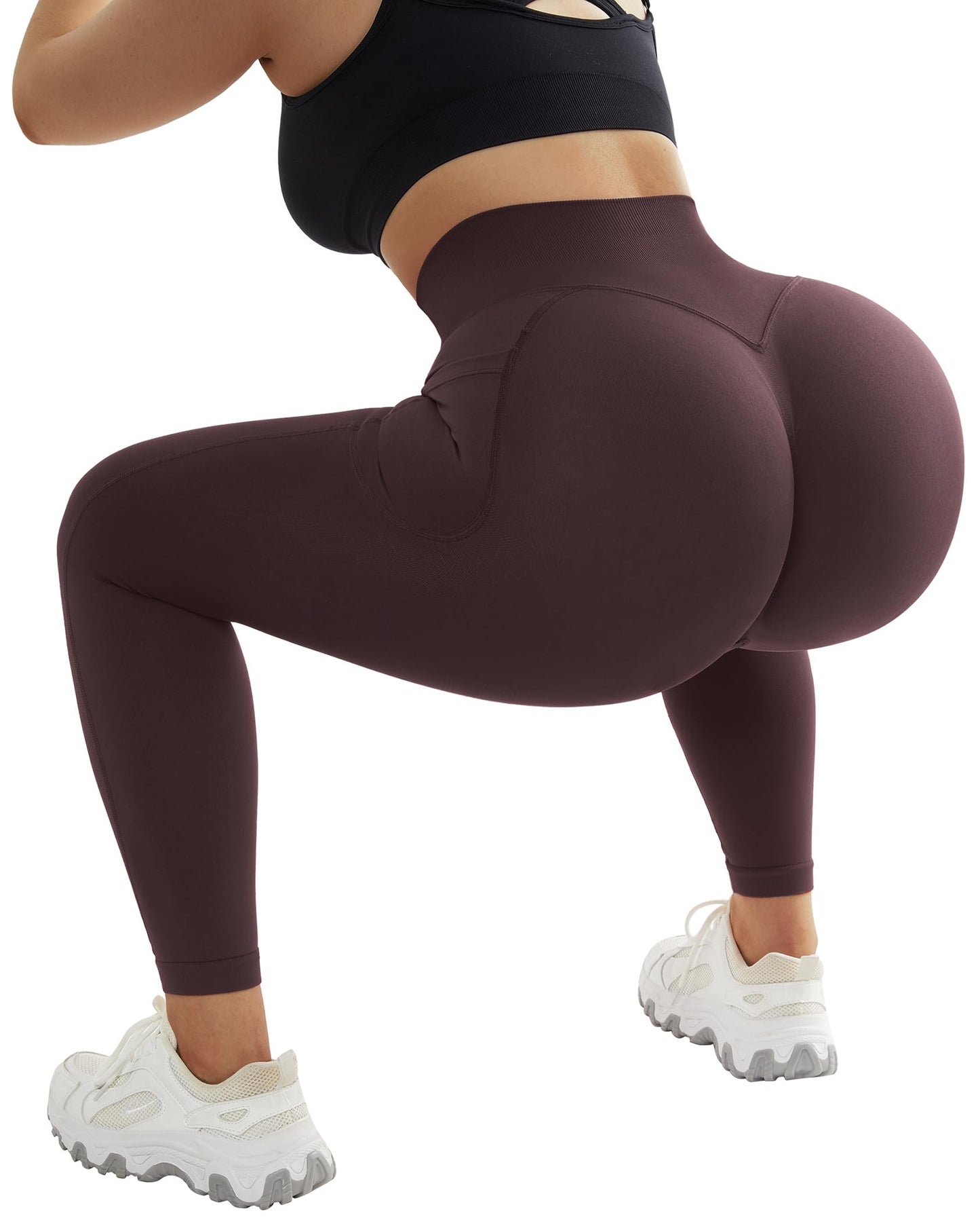 OMKAGI Women Scrunch Butt Lifting Leggings with Pockets Compression High Waisted Gym Workout Leggings(M,9-Coco Brown)